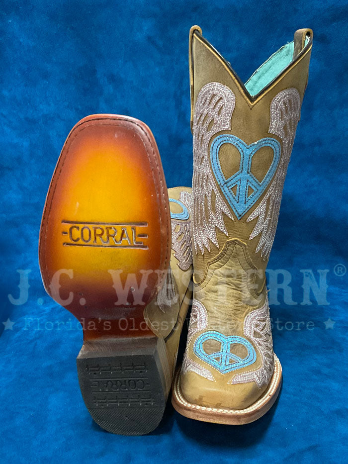 Corral T0145 Teen Glitter Heart And Wings Square Toe Boot Brown Tan side / front view. If you need any assistance with this item or the purchase of this item please call us at five six one seven four eight eight eight zero one Monday through Saturday 10:00a.m EST to 8:00 p.m EST