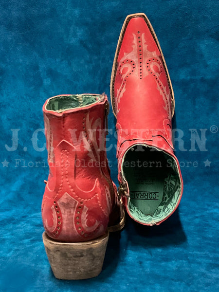 Corral G1379 Ladies Laser Ankle Boot Red back and toe view. If you need any assistance with this item or the purchase of this item please call us at five six one seven four eight eight eight zero one Monday through Saturday 10:00a.m EST to 8:00 p.m EST