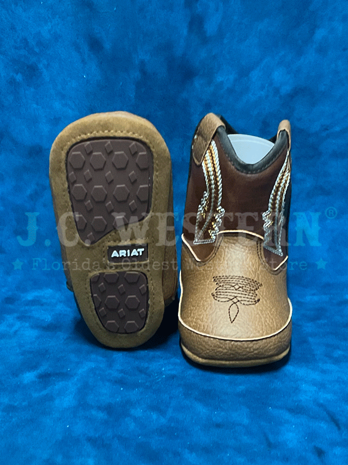 Ariat A442002602 Infants Evan Style LIL STOMPERS Boot Brown front and side view of pair. If you need any assistance with this item or the purchase of this item please call us at five six one seven four eight eight eight zero one Monday through Saturday 10:00a.m EST to 8:00 p.m EST