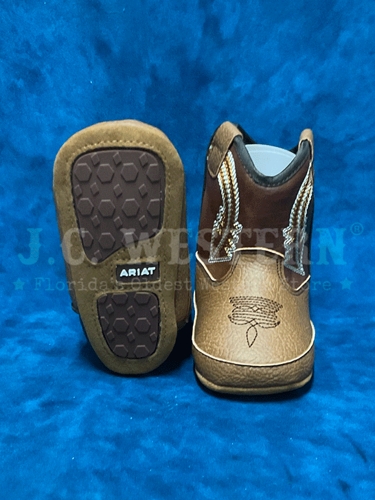 Ariat A442002602 Infants Evan Style LIL STOMPERS Boot Brown front and sole view. If you need any assistance with this item or the purchase of this item please call us at five six one seven four eight eight eight zero one Monday through Saturday 10:00a.m EST to 8:00 p.m EST