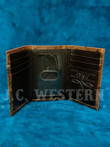 Ariat A3553202 Mens Ostrich Floral Embossed Trifold Wallet Brown inside open view. If you need any assistance with this item or the purchase of this item please call us at five six one seven four eight eight eight zero one Monday through Saturday 10:00a.m EST to 8:00 p.m EST