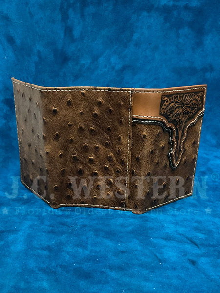 Ariat A3553202 Mens Ostrich Floral Embossed Trifold Wallet Brown outside open view. If you need any assistance with this item or the purchase of this item please call us at five six one seven four eight eight eight zero one Monday through Saturday 10:00a.m EST to 8:00 p.m EST