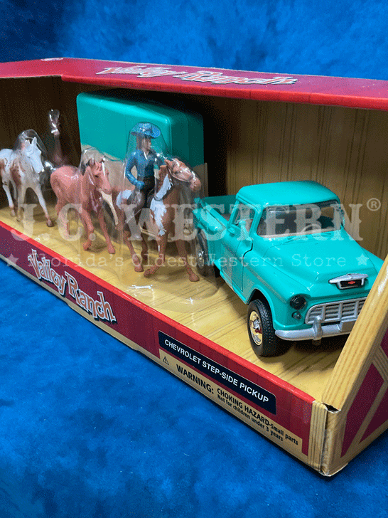 M&F 5100007 Chevy Pickup 1955 and Horse Trailer Western Toy close up view. If you need any assistance with this item or the purchase of this item please call us at five six one seven four eight eight eight zero one Monday through Saturday 10:00a.m EST to 8:00 p.m EST