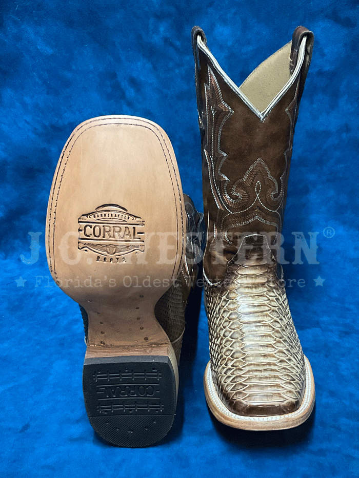 Corral B5000 Mens Python Embroidery Square Toe Western Boot Taupe front and side view. If you need any assistance with this item or the purchase of this item please call us at five six one seven four eight eight eight zero one Monday through Saturday 10:00a.m EST to 8:00 p.m EST