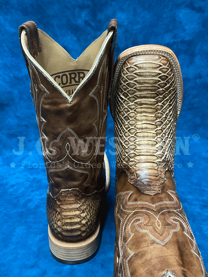 Corral B5000 Mens Python Embroidery Square Toe Western Boot Taupe front and side view. If you need any assistance with this item or the purchase of this item please call us at five six one seven four eight eight eight zero one Monday through Saturday 10:00a.m EST to 8:00 p.m EST