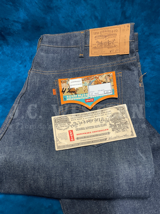 Levi's 20517-0217 Mens Vintage 517 Rigid Made in USA Jean Navy Blue 42x32 back view of pocket. If you need any assistance with this item or the purchase of this item please call us at five six one seven four eight eight eight zero one Monday through Saturday 10:00a.m EST to 8:00 p.m EST