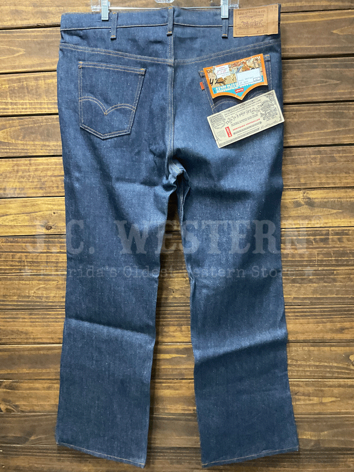 Levi's 20517-0217 Mens Vintage 517 Rigid Made in USA Jean Navy Blue 42x32 back view of pocket. If you need any assistance with this item or the purchase of this item please call us at five six one seven four eight eight eight zero one Monday through Saturday 10:00a.m EST to 8:00 p.m EST