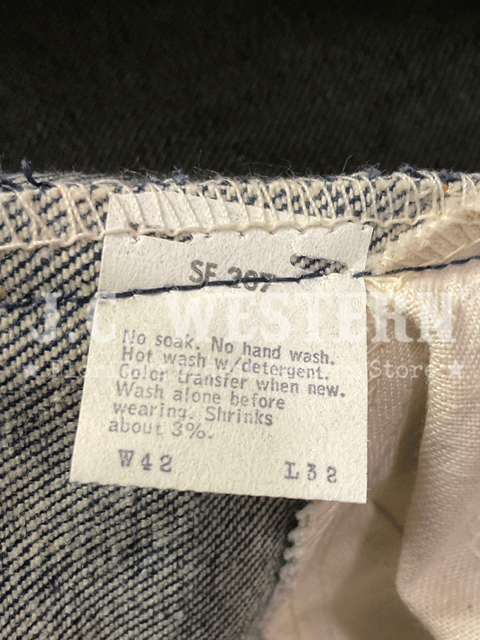 Levi's 20517-0217 Mens Vintage 517 Rigid Made in USA Jean Navy Blue 42x32 back view of pocket. If you need any assistance with this item or the purchase of this item please call us at five six one seven four eight eight eight zero one Monday through Saturday 10:00a.m EST to 8:00 p.m EST