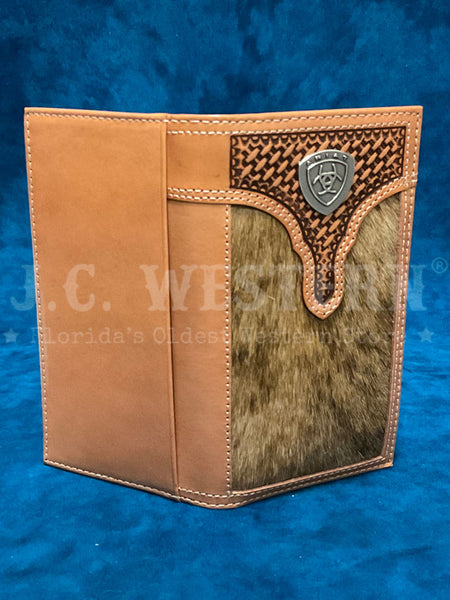 Ariat A3561648 Mens Calf Hair basket Weave Rodeo Wallet Natural outside open view. If you need any assistance with this item or the purchase of this item please call us at five six one seven four eight eight eight zero one Monday through Saturday 10:00a.m EST to 8:00 p.m EST