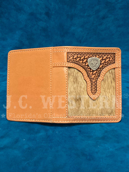 Ariat A3561848 Mens Calf Hair Basket Weave Bifold Wallet Natural outside open view. If you need any assistance with this item or the purchase of this item please call us at five six one seven four eight eight eight zero one Monday through Saturday 10:00a.m EST to 8:00 p.m EST