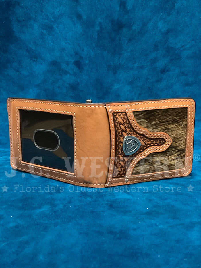 Ariat A3561948 Mens Calf Hair Basket Weave Bifold Money Clip Natural front view. If you need any assistance with this item or the purchase of this item please call us at five six one seven four eight eight eight zero one Monday through Saturday 10:00a.m EST to 8:00 p.m EST