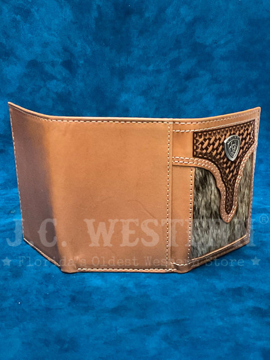 Ariat A3561748 Mens Calf Hair Basket Weave Trifold Wallet Natural open outside view. If you need any assistance with this item or the purchase of this item please call us at five six one seven four eight eight eight zero one Monday through Saturday 10:00a.m EST to 8:00 p.m EST