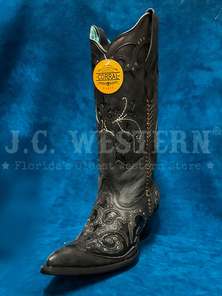 Corral C3934 Ladies Inlay Embroidery And Crystals Pointed Toe Boot Black side / front view. If you need any assistance with this item or the purchase of this item please call us at five six one seven four eight eight eight zero one Monday through Saturday 10:00a.m EST to 8:00 p.m EST