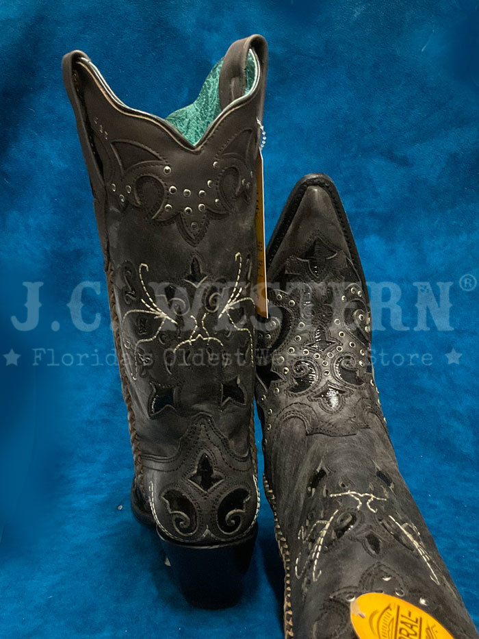 Corral C3934 Ladies Inlay Embroidery And Crystals Pointed Toe Boot Black side / front view. If you need any assistance with this item or the purchase of this item please call us at five six one seven four eight eight eight zero one Monday through Saturday 10:00a.m EST to 8:00 p.m EST