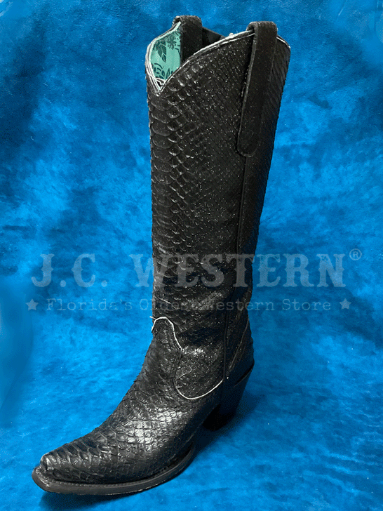 Corral A4446 Ladies Glitter Finish Python Tall Top Western Boot Black front and side view. If you need any assistance with this item or the purchase of this item please call us at five six one seven four eight eight eight zero one Monday through Saturday 10:00a.m EST to 8:00 p.m EST