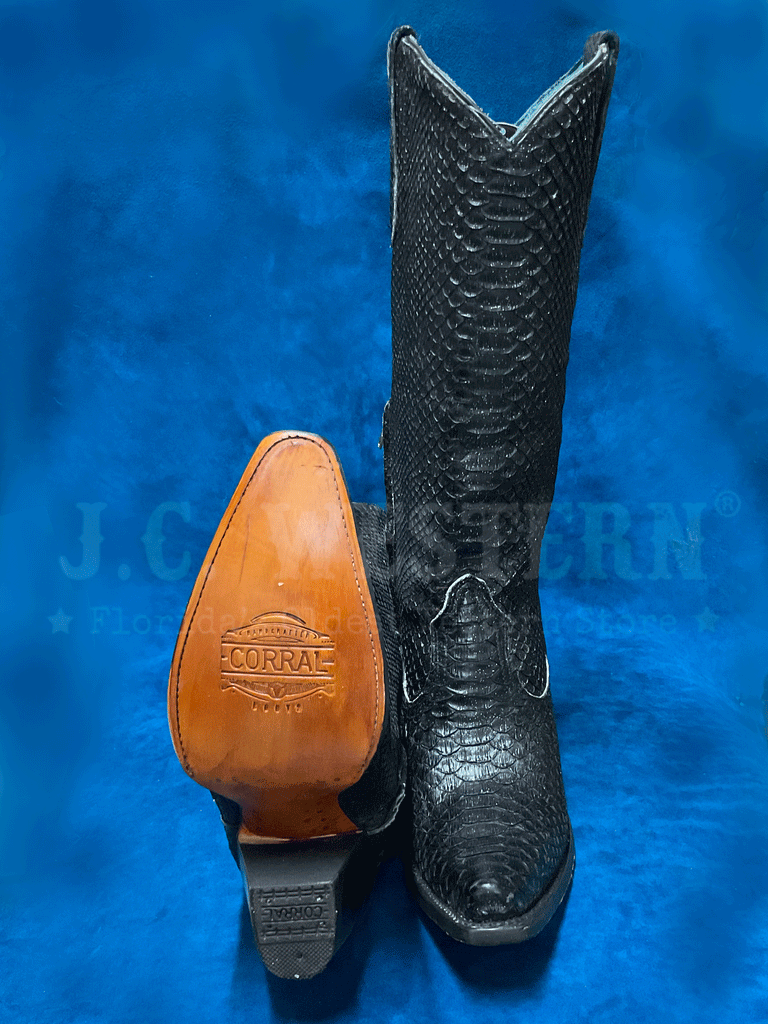 Corral A4446 Ladies Glitter Finish Python Tall Top Western Boot Black front and side view. If you need any assistance with this item or the purchase of this item please call us at five six one seven four eight eight eight zero one Monday through Saturday 10:00a.m EST to 8:00 p.m EST