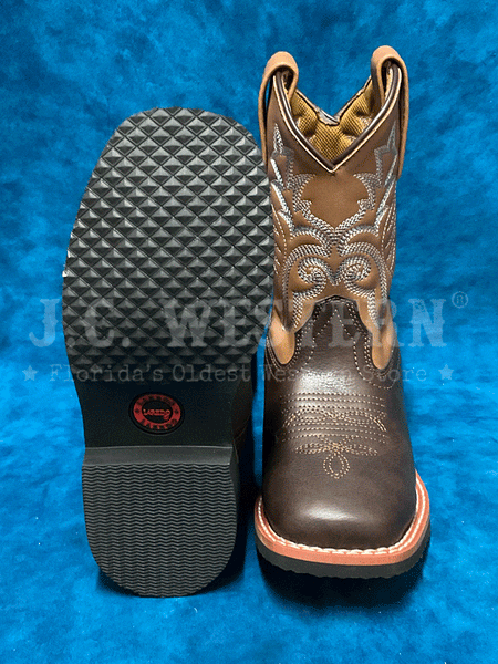 Laredo LC2571 LC3571 Kids BEXLEY Square Toe Boot Dark Brown front and sole view. If you need any assistance with this item or the purchase of this item please call us at five six one seven four eight eight eight zero one Monday through Saturday 10:00a.m EST to 8:00 p.m EST