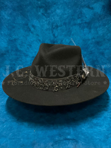 Corral LFX3110234 ROSE Felt Hat Black side / front view. If you need any assistance with this item or the purchase of this item please call us at five six one seven four eight eight eight zero one Monday through Saturday 10:00a.m EST to 8:00 p.m EST