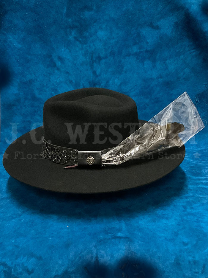 Corral LFX3110234 ROSE Felt Hat Black side / front view. If you need any assistance with this item or the purchase of this item please call us at five six one seven four eight eight eight zero one Monday through Saturday 10:00a.m EST to 8:00 p.m EST