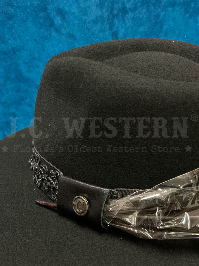 Corral LFX3110234 ROSE Felt Hat Black side / front view. If you need any assistance with this item or the purchase of this item please call us at five six one seven four eight eight eight zero one Monday through Saturday 10:00a.m EST to 8:00 p.m EST