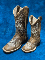 Old West 1958 Kids Embroidered Square Toe Western Boot Brown front and side view kids and youth sizes. If you need any assistance with this item or the purchase of this item please call us at five six one seven four eight eight eight zero one Monday through Saturday 10:00a.m EST to 8:00 p.m EST