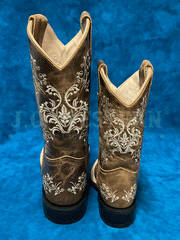 Old West 1958 Kids Embroidered Square Toe Western Boot Brown back view of kids and youth sizes. If you need any assistance with this item or the purchase of this item please call us at five six one seven four eight eight eight zero one Monday through Saturday 10:00a.m EST to 8:00 p.m EST