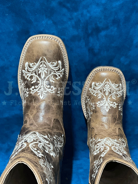 Old West 1958 Kids Embroidered Square Toe Western Boot Brown toe view of kids and youth size. If you need any assistance with this item or the purchase of this item please call us at five six one seven four eight eight eight zero one Monday through Saturday 10:00a.m EST to 8:00 p.m EST