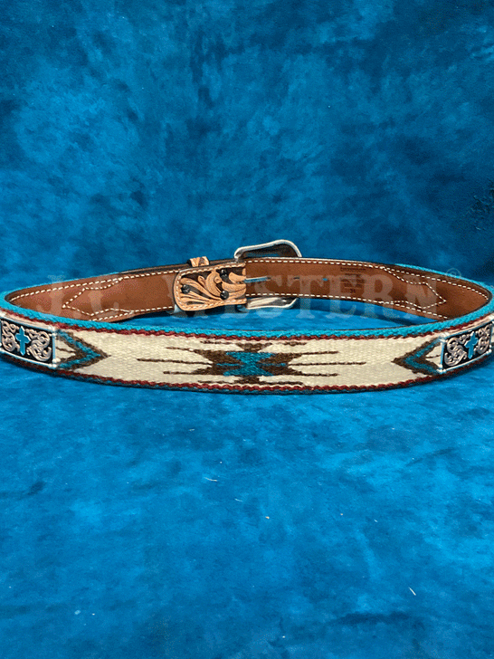 3D D100016408 Mens Wool Southwestern Turquoise Cross Belt Tan back view. If you need any assistance with this item or the purchase of this item please call us at five six one seven four eight eight eight zero one Monday through Saturday 10:00a.m EST to 8:00 p.m EST