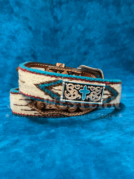 3D D100016408 Mens Wool Southwestern Turquoise Cross Belt Tan side view. If you need any assistance with this item or the purchase of this item please call us at five six one seven four eight eight eight zero one Monday through Saturday 10:00a.m EST to 8:00 p.m EST