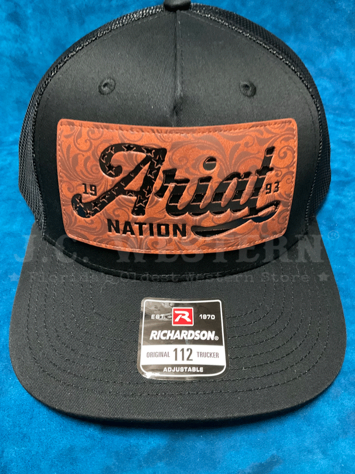 Ariat A300086201 Faux Leather Patch Cap Black front and side view. If you need any assistance with this item or the purchase of this item please call us at five six one seven four eight eight eight zero one Monday through Saturday 10:00a.m EST to 8:00 p.m EST