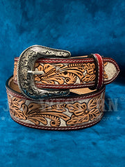 Ariat A1042508 Mens Floral Hand Painted Tooled Leather Belt Tan front view. If you need any assistance with this item or the purchase of this item please call us at five six one seven four eight eight eight zero one Monday through Saturday 10:00a.m EST to 8:00 p.m EST