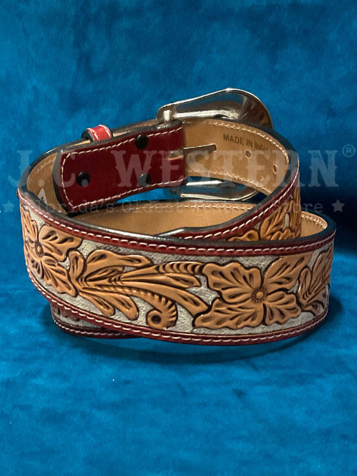Ariat A1042508 Mens Floral Hand Painted Tooled Leather Belt Tan front view. If you need any assistance with this item or the purchase of this item please call us at five six one seven four eight eight eight zero one Monday through Saturday 10:00a.m EST to 8:00 p.m EST