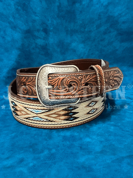 3D D100017708 Mens Southwest Woven Inlay Tapered Belt Tan front view. If you need any assistance with this item or the purchase of this item please call us at five six one seven four eight eight eight zero one Monday through Saturday 10:00a.m EST to 8:00 p.m EST