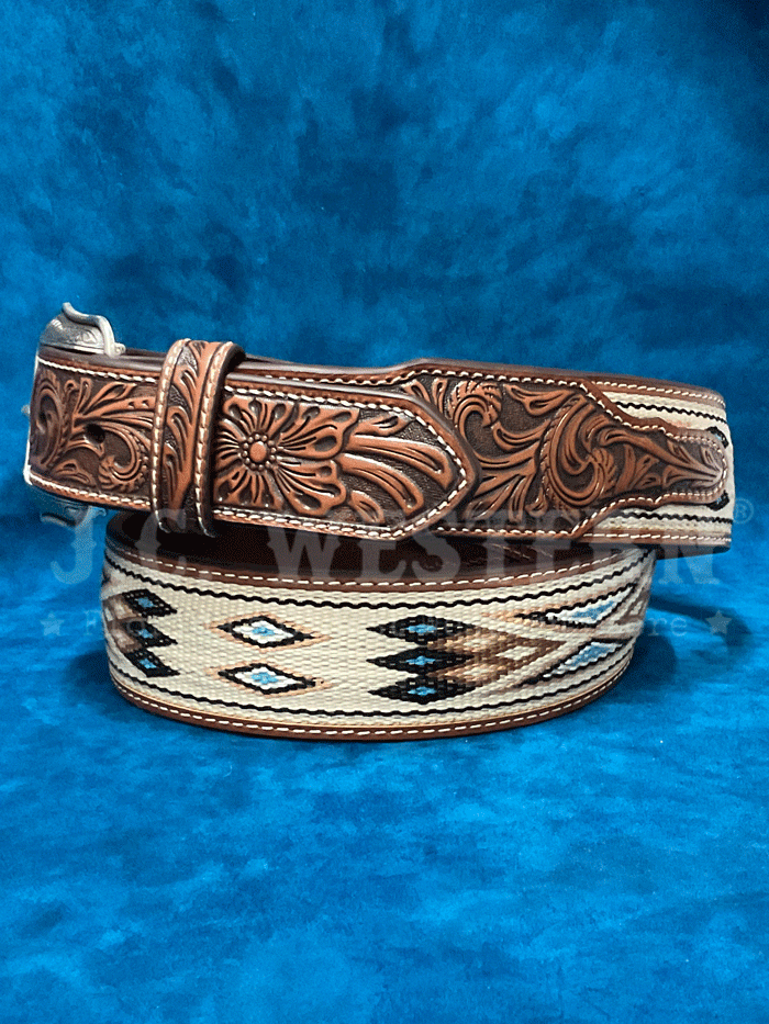 3D D100017708 Mens Southwest Woven Inlay Tapered Belt Tan front view. If you need any assistance with this item or the purchase of this item please call us at five six one seven four eight eight eight zero one Monday through Saturday 10:00a.m EST to 8:00 p.m EST