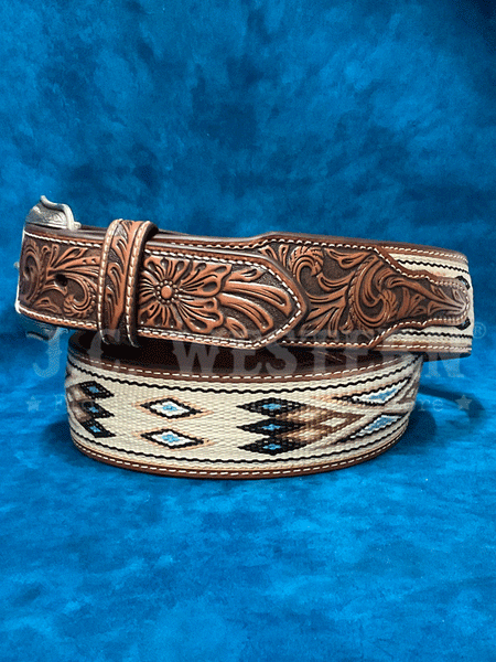 3D D100017708 Mens Southwest Woven Inlay Tapered Belt Tan side view. If you need any assistance with this item or the purchase of this item please call us at five six one seven four eight eight eight zero one Monday through Saturday 10:00a.m EST to 8:00 p.m EST