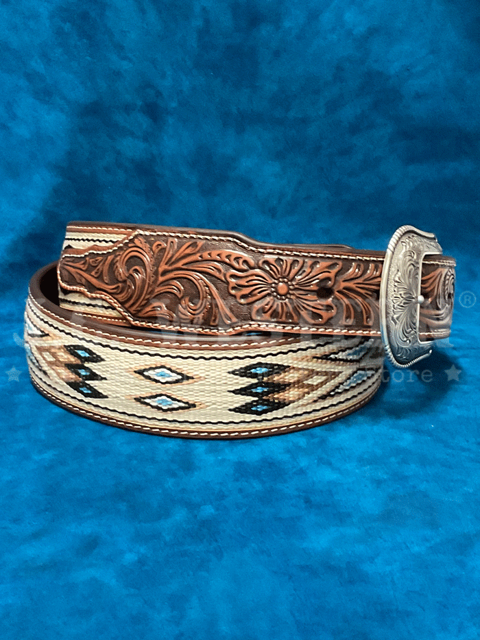 3D D100017708 Mens Southwest Woven Inlay Tapered Belt Tan front view. If you need any assistance with this item or the purchase of this item please call us at five six one seven four eight eight eight zero one Monday through Saturday 10:00a.m EST to 8:00 p.m EST