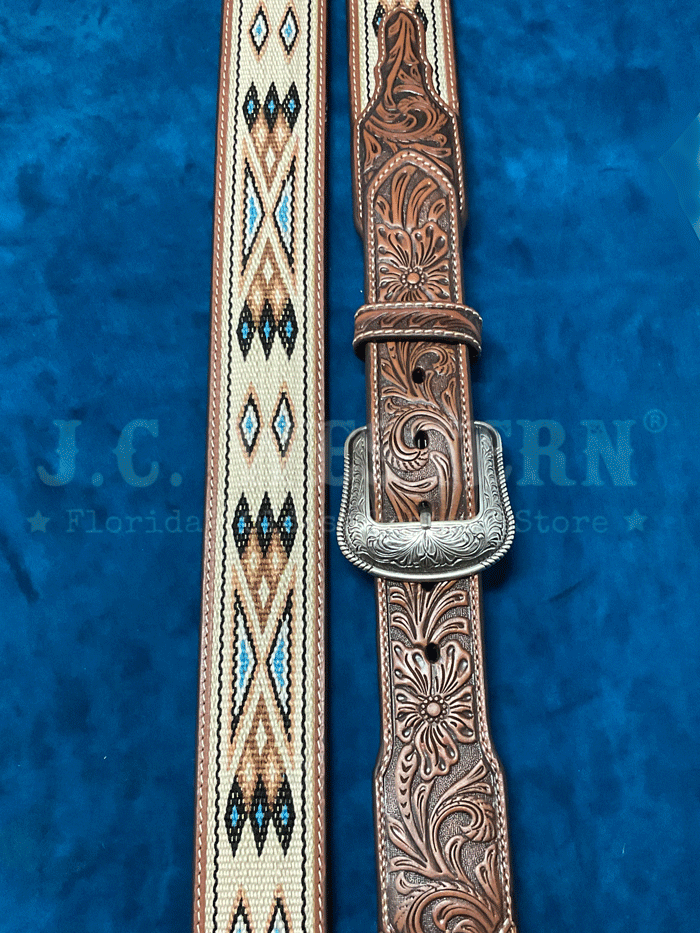 3D D100017708 Mens Southwest Woven Inlay Tapered Belt Tan front view. If you need any assistance with this item or the purchase of this item please call us at five six one seven four eight eight eight zero one Monday through Saturday 10:00a.m EST to 8:00 p.m EST