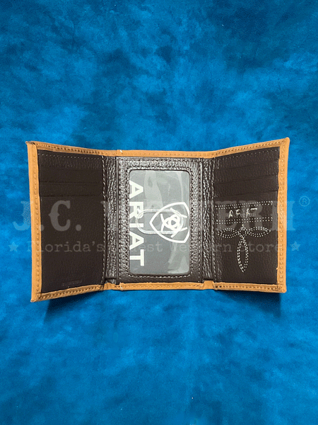 Ariat A3559202 Mens Southwestern Diamond Lacing Trifold Wallet Brown inside view. If you need any assistance with this item or the purchase of this item please call us at five six one seven four eight eight eight zero one Monday through Saturday 10:00a.m EST to 8:00 p.m EST