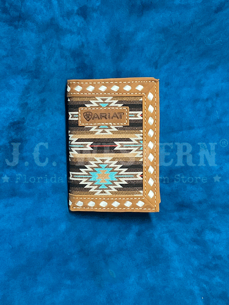 Ariat A3559202 Mens Southwestern Diamond Lacing Trifold Wallet Brown front view. If you need any assistance with this item or the purchase of this item please call us at five six one seven four eight eight eight zero one Monday through Saturday 10:00a.m EST to 8:00 p.m EST