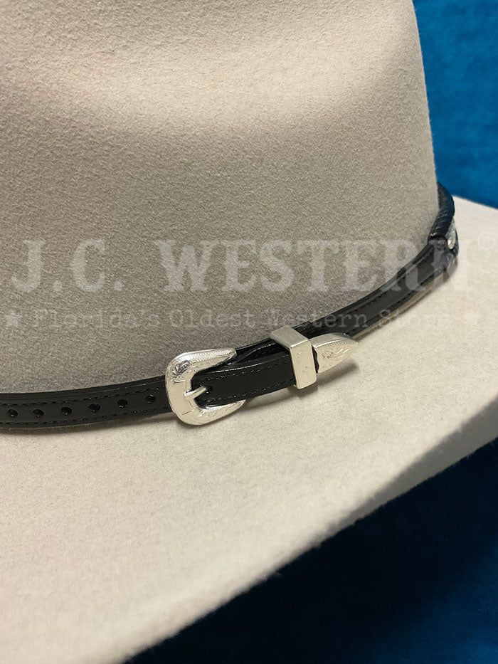 Fashionwest LC-23-BLK Silver Conchos Leather Hatband Black front view on hat. If you need any assistance with this item or the purchase of this item please call us at five six one seven four eight eight eight zero one Monday through Saturday 10:00a.m EST to 8:00 p.m EST