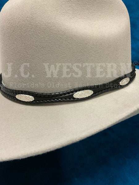 Fashionwest LC-23-BLK Silver Conchos Leather Hatband Black front view on hat. If you need any assistance with this item or the purchase of this item please call us at five six one seven four eight eight eight zero one Monday through Saturday 10:00a.m EST to 8:00 p.m EST