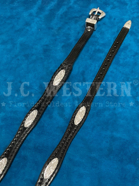 Fashionwest LC-23-BLK Silver Conchos Leather Hatband Black front view. If you need any assistance with this item or the purchase of this item please call us at five six one seven four eight eight eight zero one Monday through Saturday 10:00a.m EST to 8:00 p.m EST