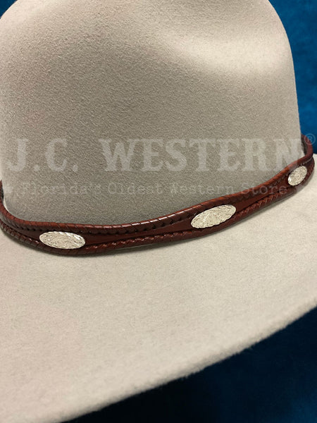 Fashionwest LC-23-BR Silver Conchos Leather Hatband Brown front view on hat. If you need any assistance with this item or the purchase of this item please call us at five six one seven four eight eight eight zero one Monday through Saturday 10:00a.m EST to 8:00 p.m EST