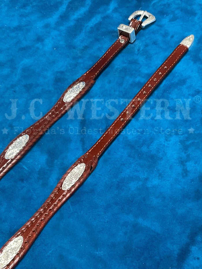 Fashionwest LC-23-BR Silver Conchos Leather Hatband Brown front view on hat. If you need any assistance with this item or the purchase of this item please call us at five six one seven four eight eight eight zero one Monday through Saturday 10:00a.m EST to 8:00 p.m EST