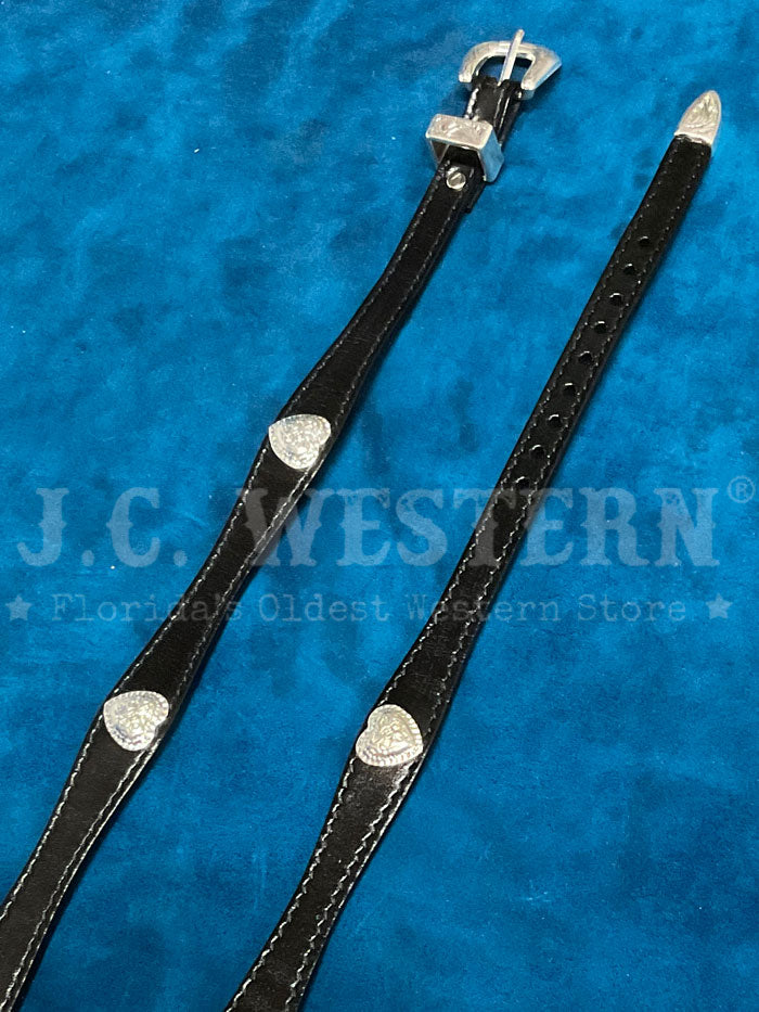 Fashionwest HB62B-BLK Heart Conchos Leather Hatband Black heart conchos view. If you need any assistance with this item or the purchase of this item please call us at five six one seven four eight eight eight zero one Monday through Saturday 10:00a.m EST to 8:00 p.m EST