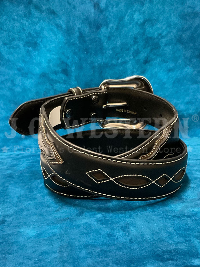 Ariat A1042801 Mens Boot Stitch Filigree Leather Belt Black front view. If you need any assistance with this item or the purchase of this item please call us at five six one seven four eight eight eight zero one Monday through Saturday 10:00a.m EST to 8:00 p.m EST