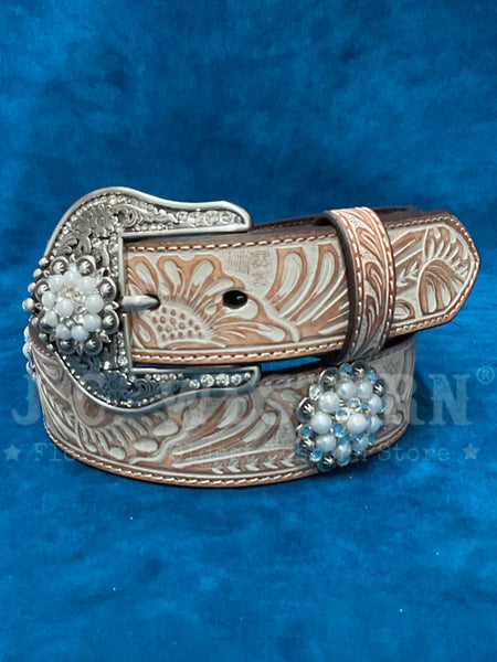 Ariat A1566548 Womens Pearl Conchos Floral Embossed Belt Natural front view. If you need any assistance with this item or the purchase of this item please call us at five six one seven four eight eight eight zero one Monday through Saturday 10:00a.m EST to 8:00 p.m EST