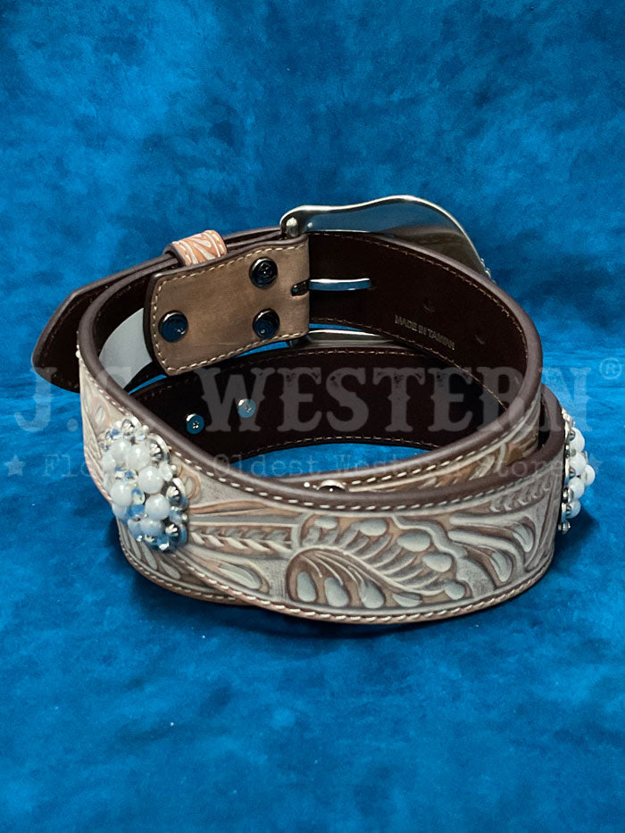 Ariat A1566548 Womens Pearl Conchos Floral Embossed Belt Natural front view. If you need any assistance with this item or the purchase of this item please call us at five six one seven four eight eight eight zero one Monday through Saturday 10:00a.m EST to 8:00 p.m EST