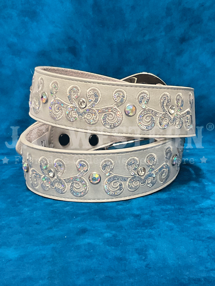 Angel Ranch D140006405 Womens Scrolling AB Sequins Belt White front and back view. If you need any assistance with this item or the purchase of this item please call us at five six one seven four eight eight eight zero one Monday through Saturday 10:00a.m EST to 8:00 p.m EST