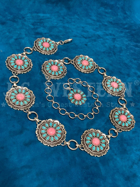 Nocona N320005933 Ladies Floral Conchos Chain Belt Turquoise And Pink front view. If you need any assistance with this item or the purchase of this item please call us at five six one seven four eight eight eight zero one Monday through Saturday 10:00a.m EST to 8:00 p.m EST